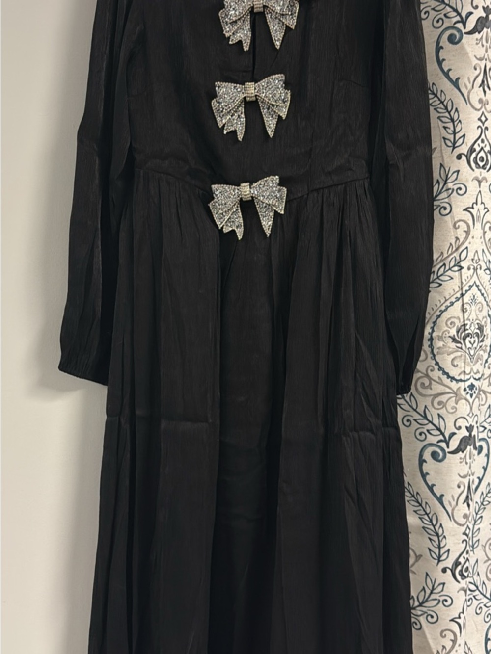 Black Long Sleeve Maxi Dress with Rhinestone Bows